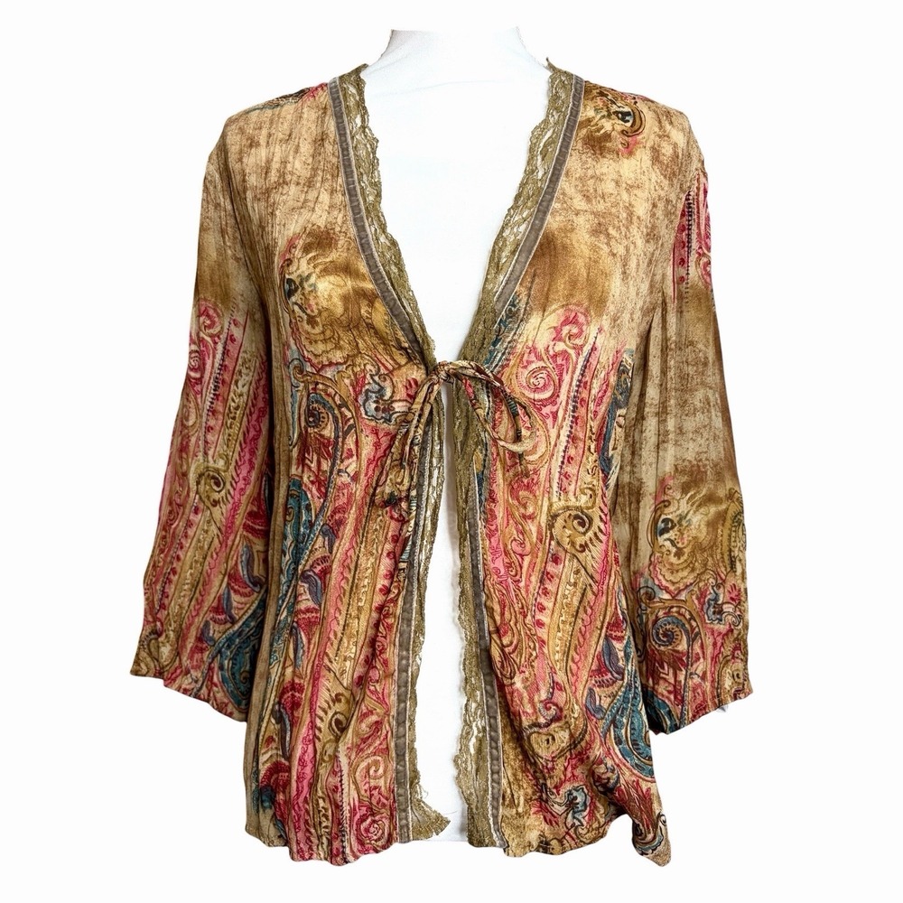 Vintage Piano Y2K Tie Front Blouse L Brown Pink Paisley Fairy Boho Festival Top - Picture 3 of 10